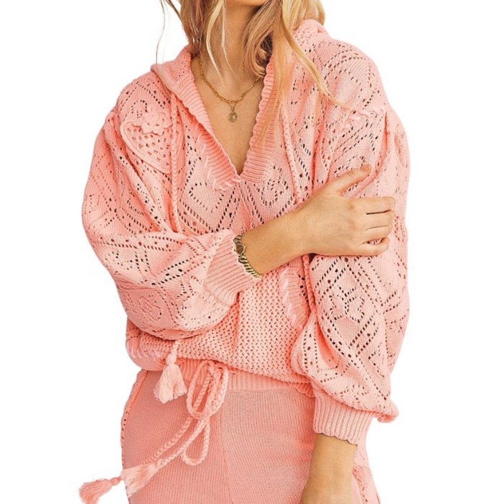 LoveShackFancy Pink Open-Knit V-Neck Sweater